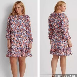 Lauren Ralph Lauren Black Label Floral Ruffle Long Sleeve Georgette Dress Sz 16W